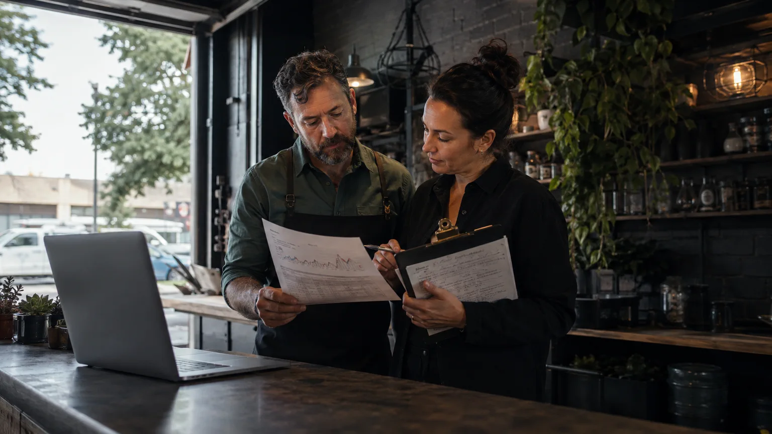 Two business owners review printed AI search reports and customer notes at a dark local service counter