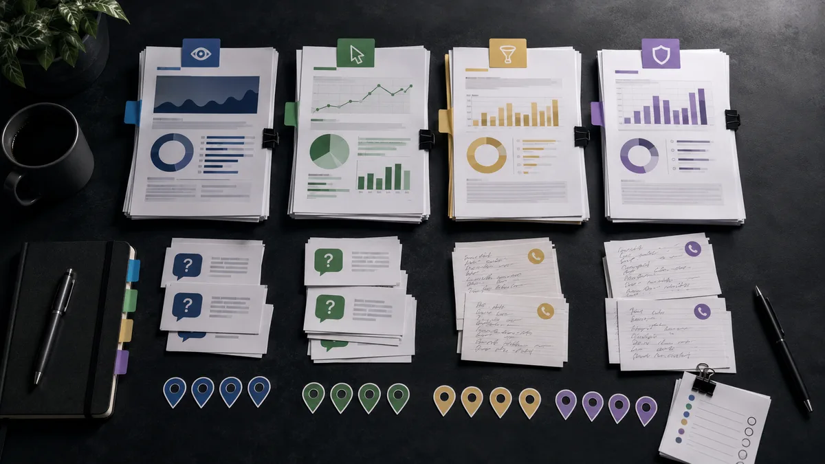 Printed AI search report packet with customer questions, call notes, map pins, and fix-priority piles