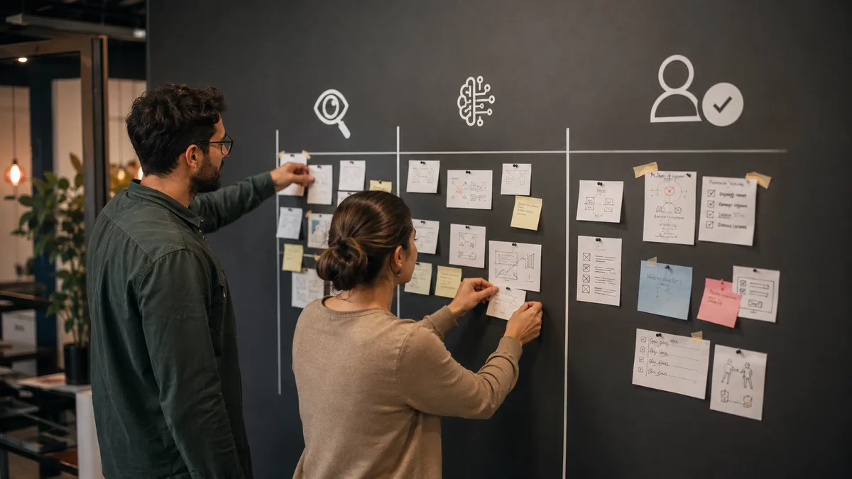 Two coworkers sort cards into search visibility, AI understanding, and customer choice lanes