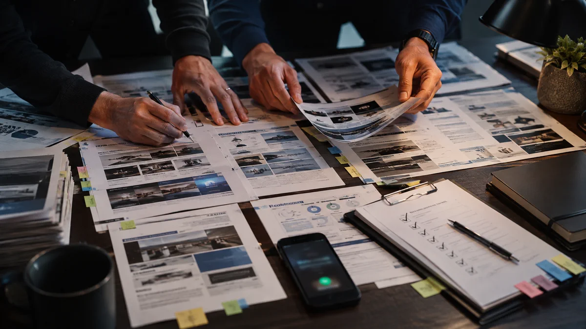 Service page printouts, review clippings, support docs, phone lead alert, and checklist on a dark table