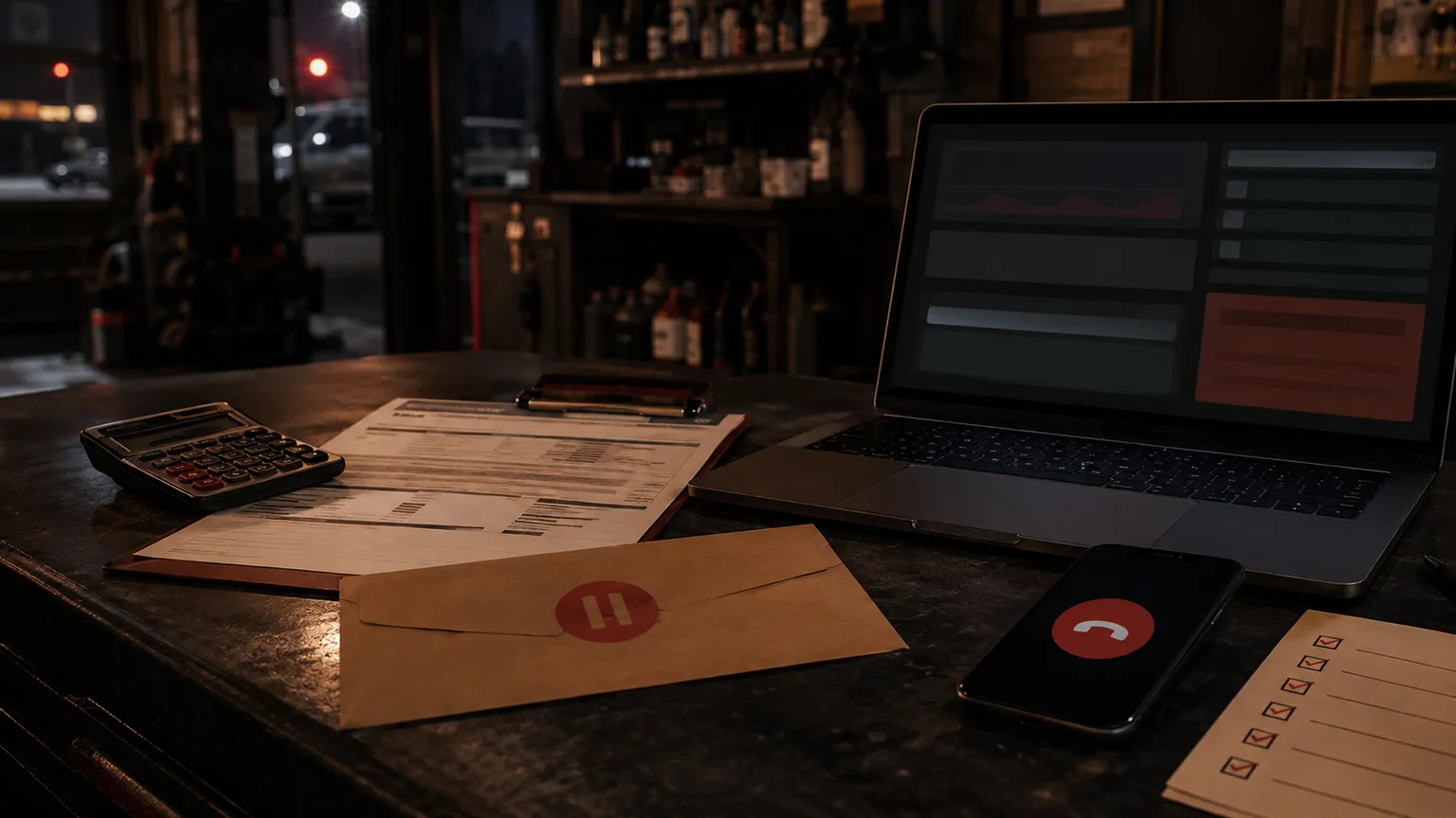 Dark local service counter with paused ad budget envelope, calculator, blurred laptop status, and missed-call phone