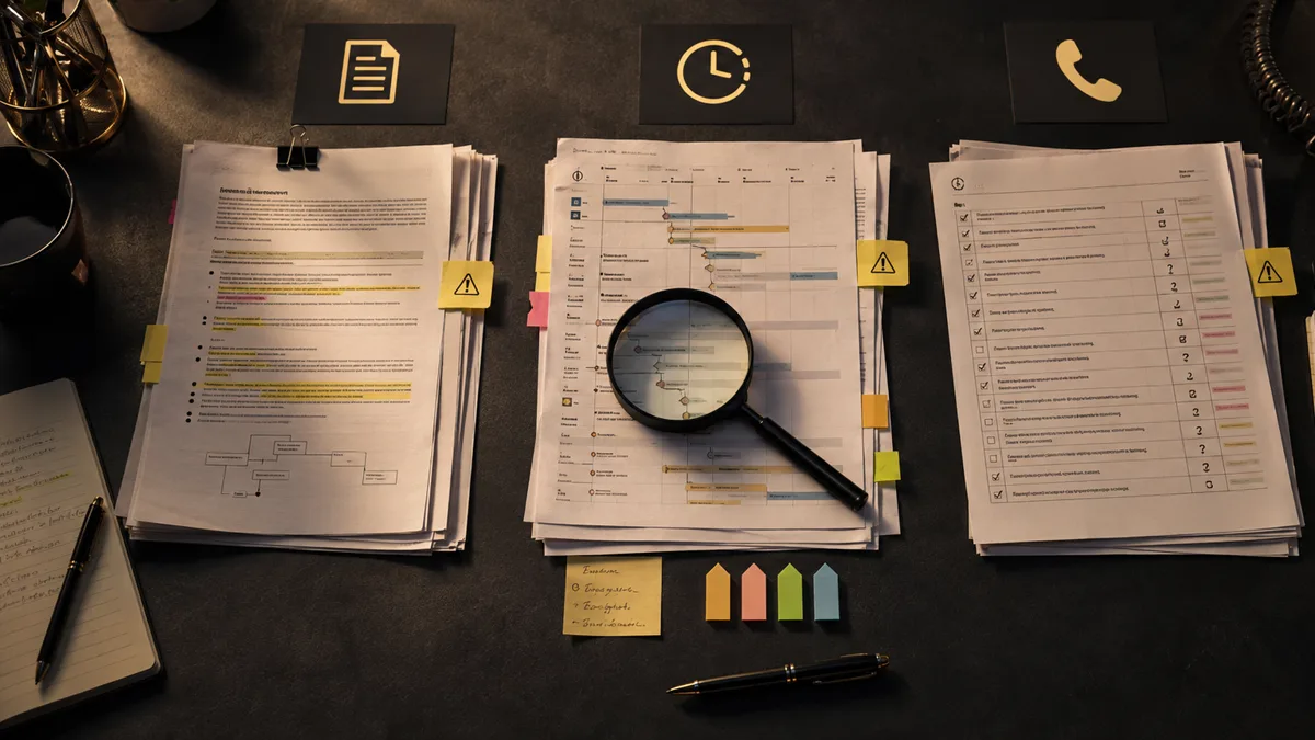 Printed ad policy notes, campaign timeline, status checklist, caution tabs, and phone log on a dark table