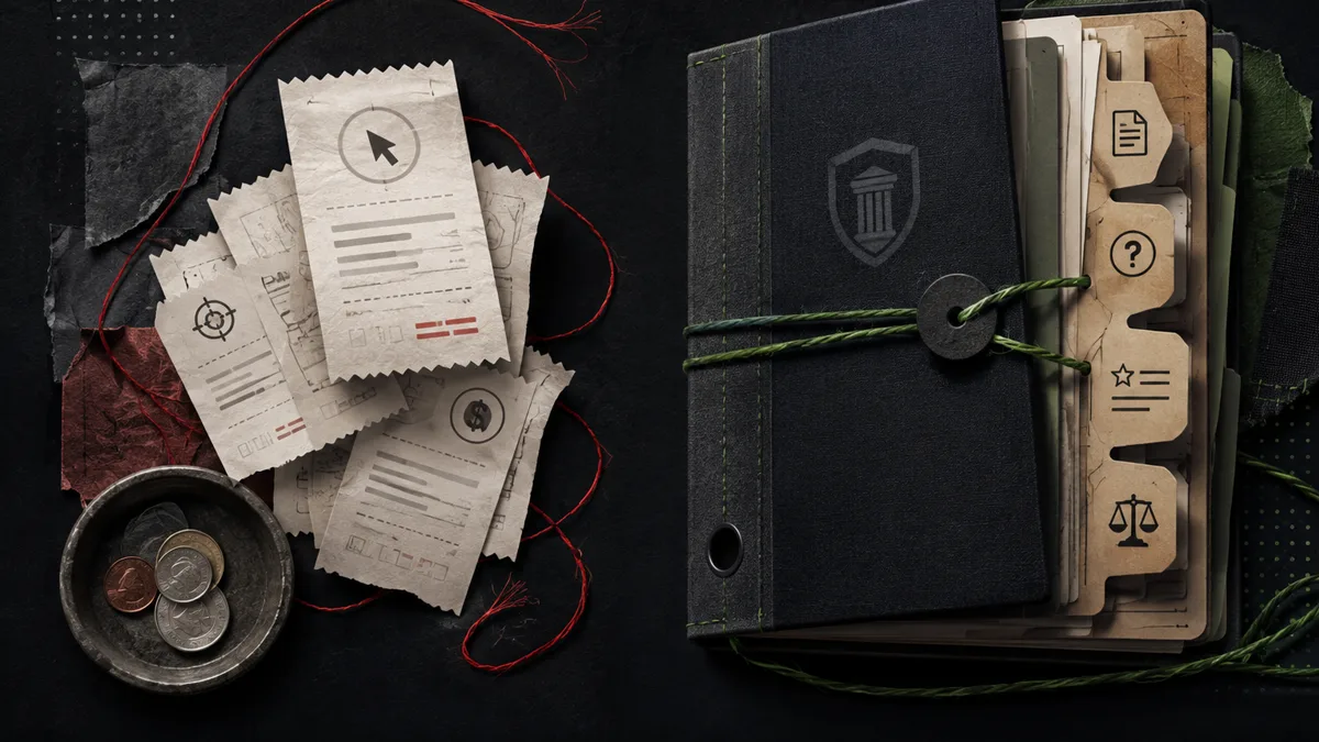 Paid click receipts and coin tray beside a binder of service pages, FAQs, reviews, and comparison notes