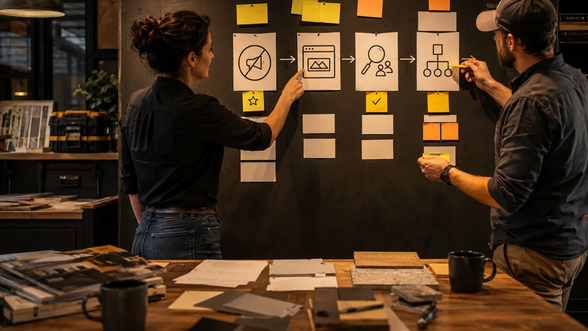 Two coworkers map ad limits, page proof, organic visibility, and follow-up fixes on a dark office wall