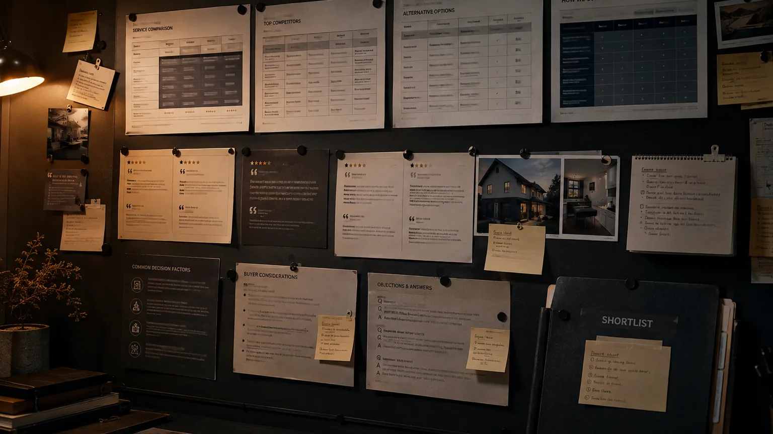 Dark strategy-room wall with comparison sheets, review excerpts, decision notes, and a shortlist folder
