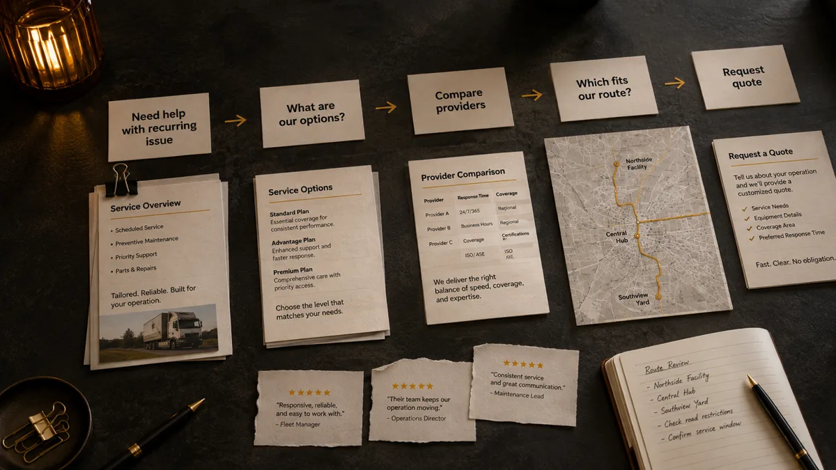 Customer question cards move from a recurring problem to provider comparison and quote request beside service pages