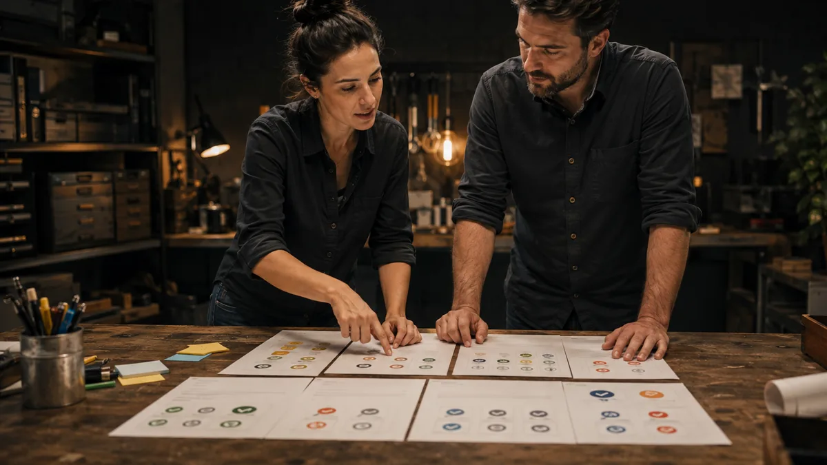 Two coworkers compare service criteria sheets with pros, cons, fit, proof, and next-step icons at a workshop counter