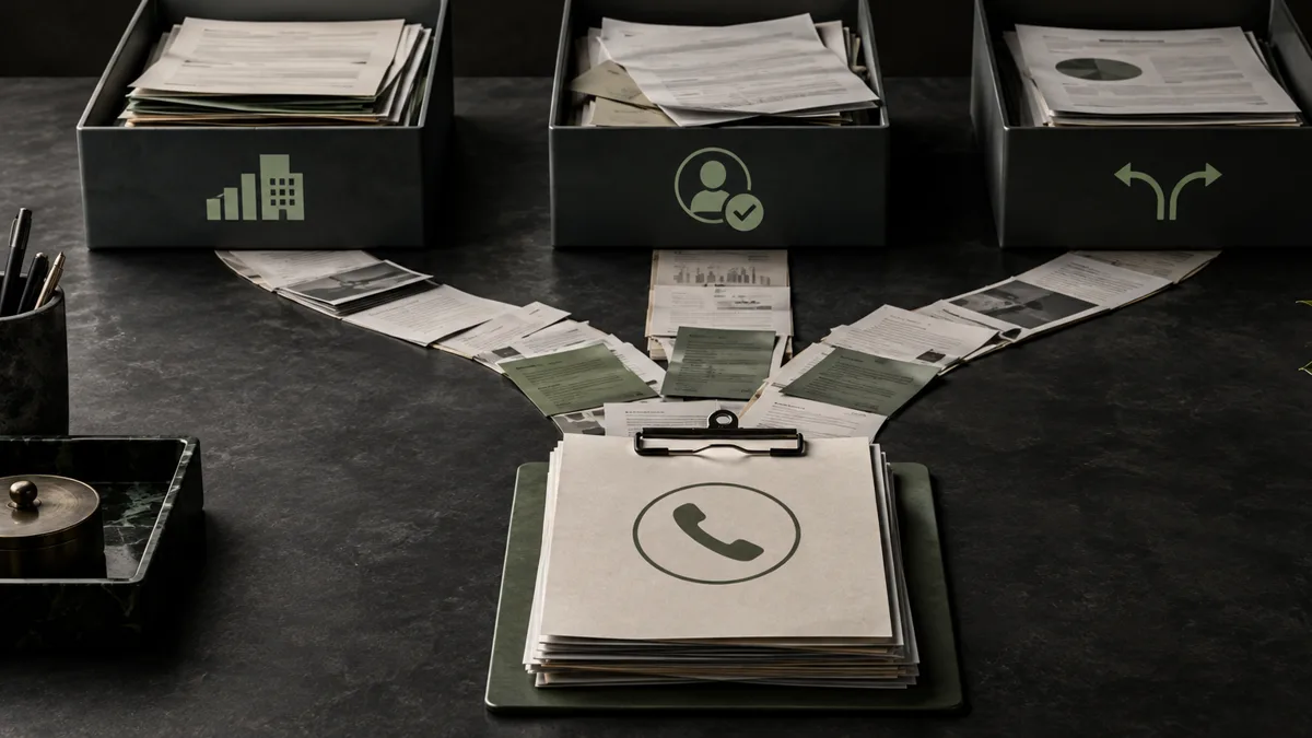 Three dark trays of business facts, customer proof, and comparison answers feed into a shortlist clipboard
