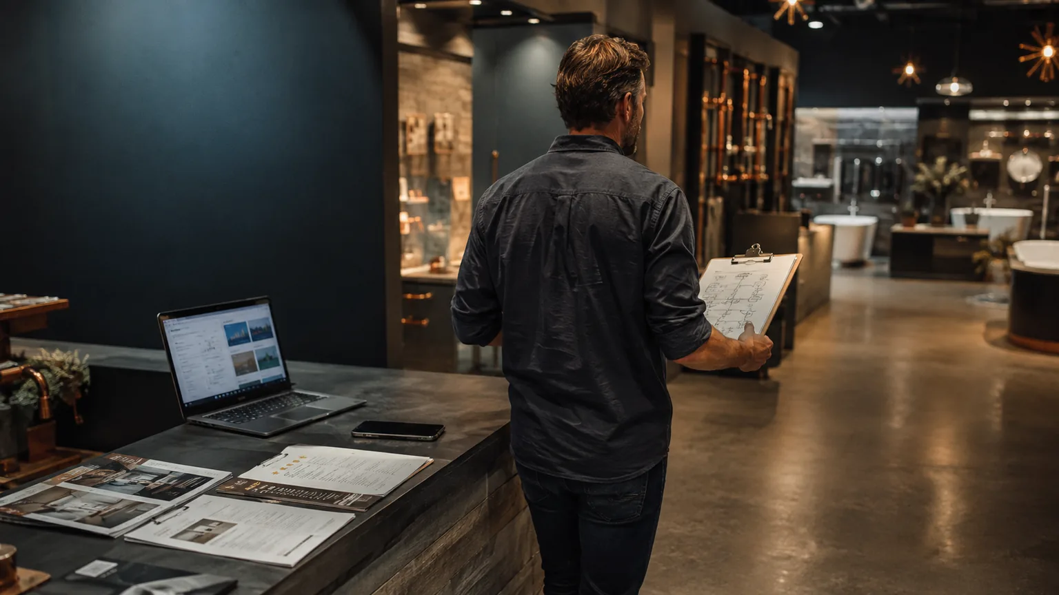 Owner walking through a dark local showroom with search reports, service brochures, laptop, phone, and clipboard