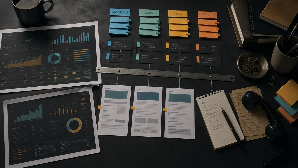 Printed query reports, colored flags, service page sheets, ruler, and phone notes grouped on a dark table