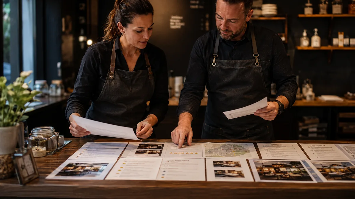 Two employees arrange service pages, review cards, map, FAQ sheet, checklist, and proof photos on a counter