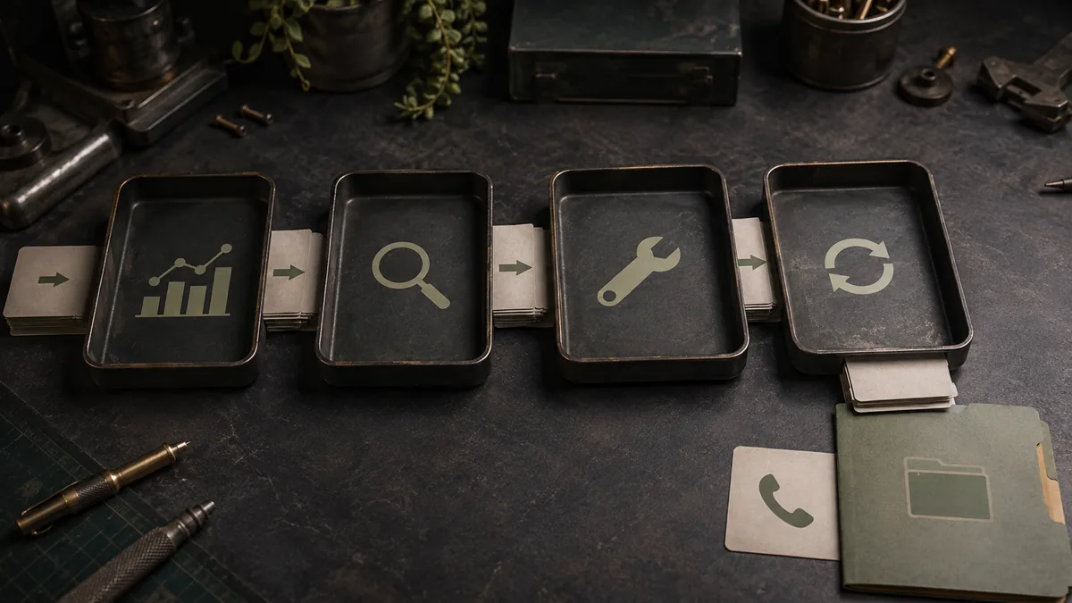 Four dark metal trays with icons move paper slips toward a phone-call card and quote folder