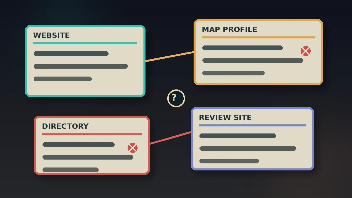 tactile dark collage of a website sheet, map profile, directory card, and review clipping showing conflicting names, addresses, and service icons