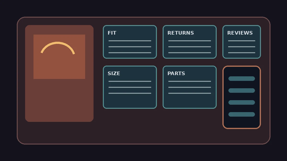 Product box with fit, returns, reviews, size, parts, and chatbot research materials on a dark counter