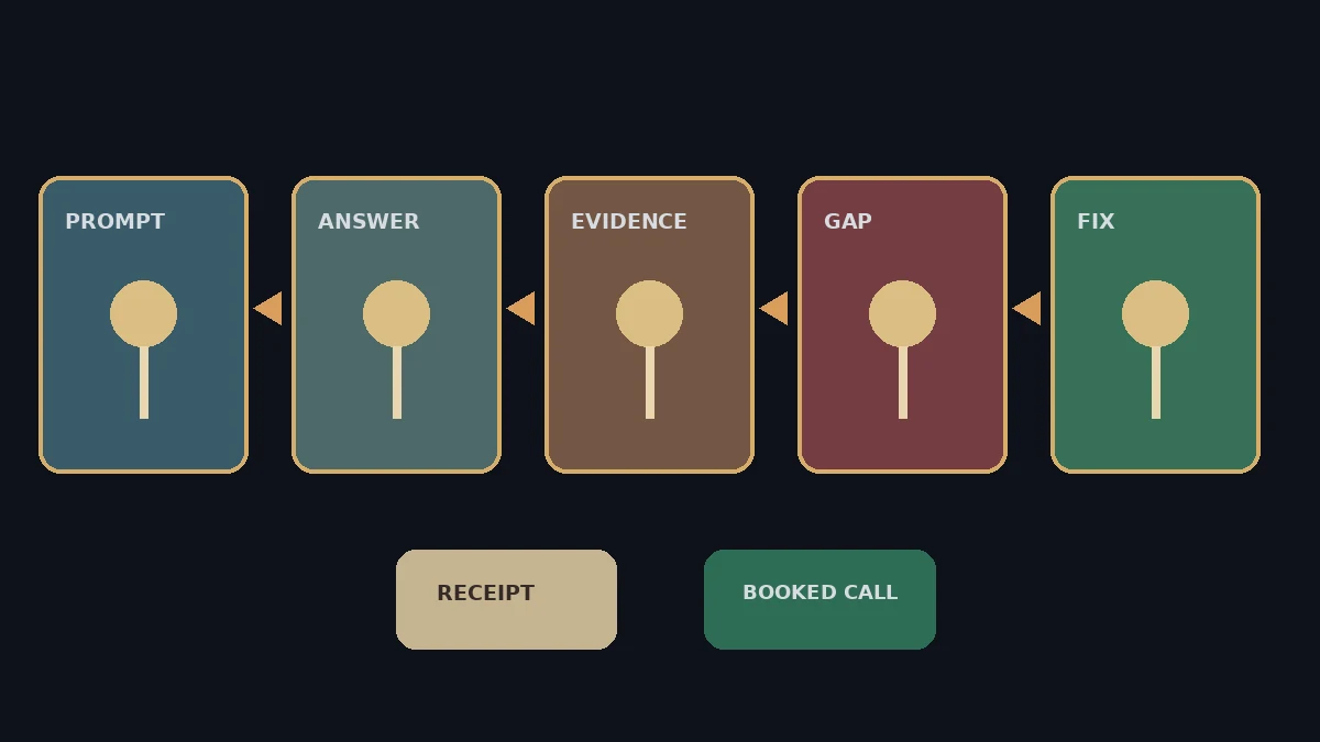 Five dark trays move from prompt and answer through evidence, gap, and fix toward a receipt and booked call