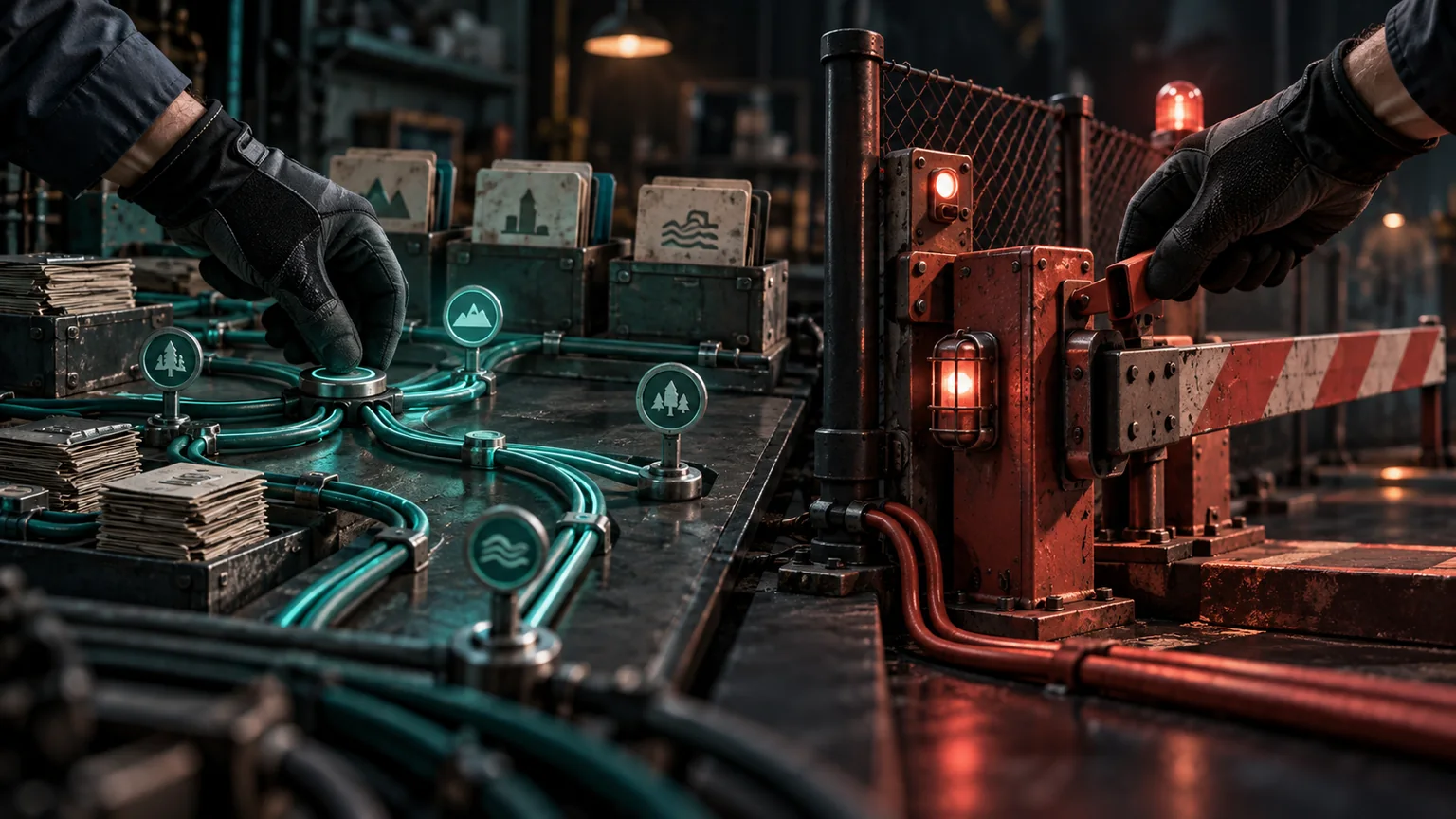 Gloved hands route a teal information path beside a separate red mechanical access gate in a dark network workshop