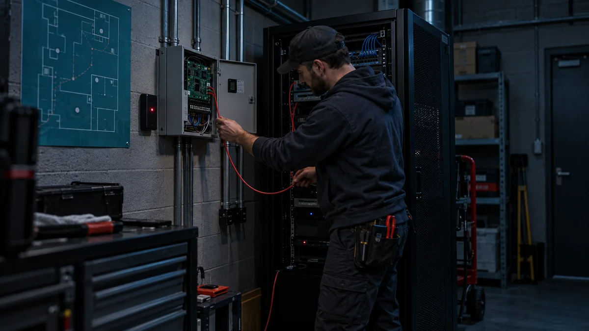 Technician traces a red access-control cable at a server cabinet beside a teal route map