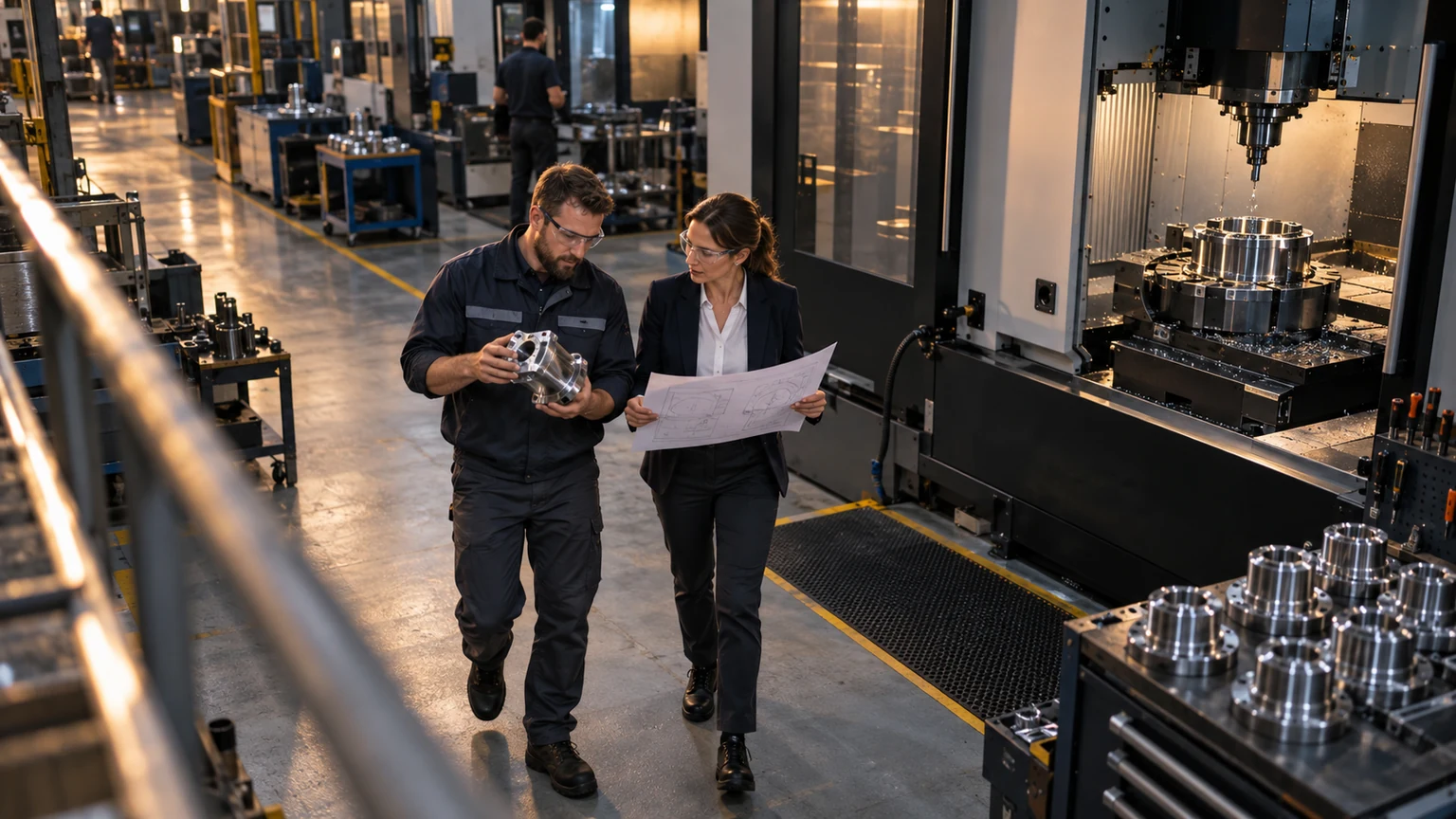 Two manufacturing professionals walk beside industrial machinery while comparing a metal component and specification sheet