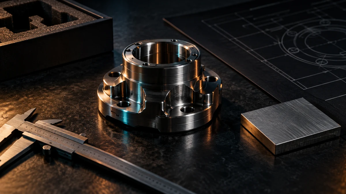 Machined component, calipers, material sample, technical drawing, and protective packaging on a dark inspection bench