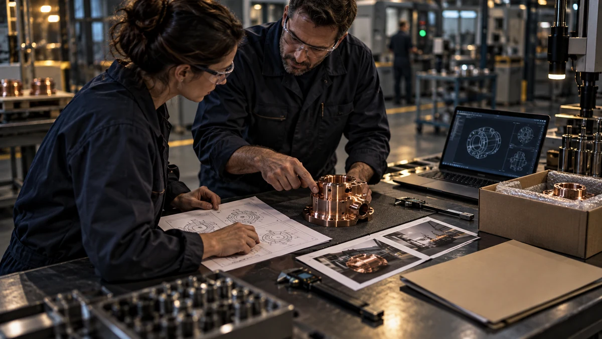 Two manufacturing team members compare a machined component, technical drawings, application photos, and packaging evidence