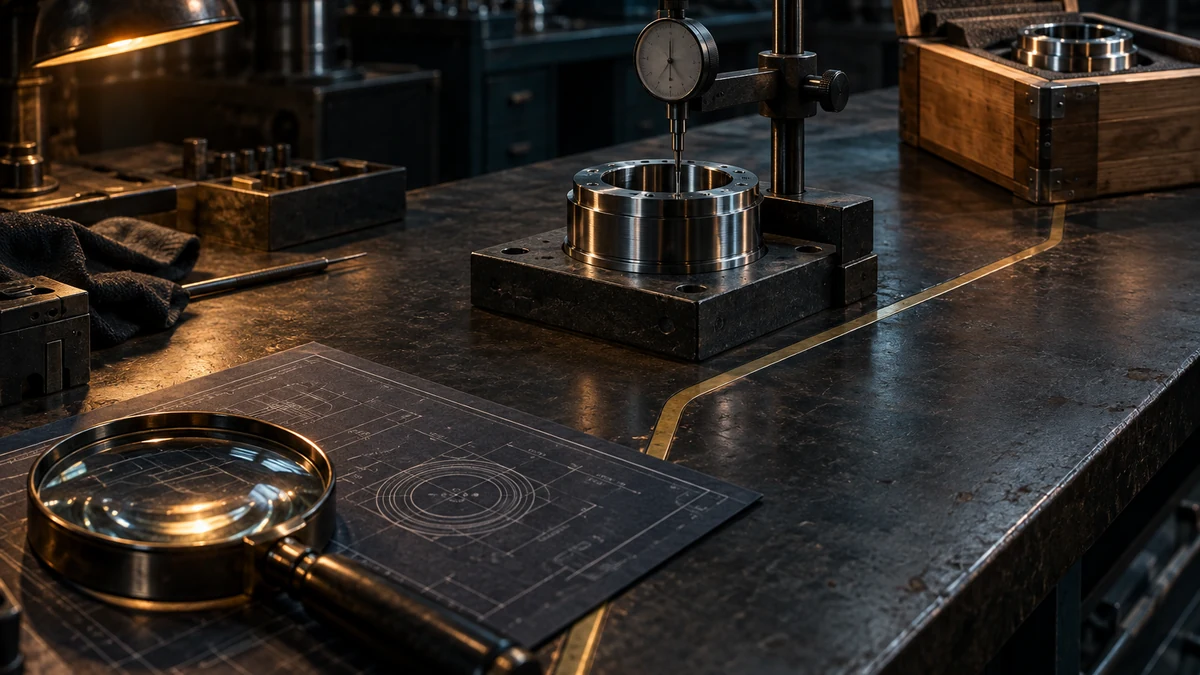 Inspection tools, a verified machined component, and a boxed sample follow a brass path across a factory workbench