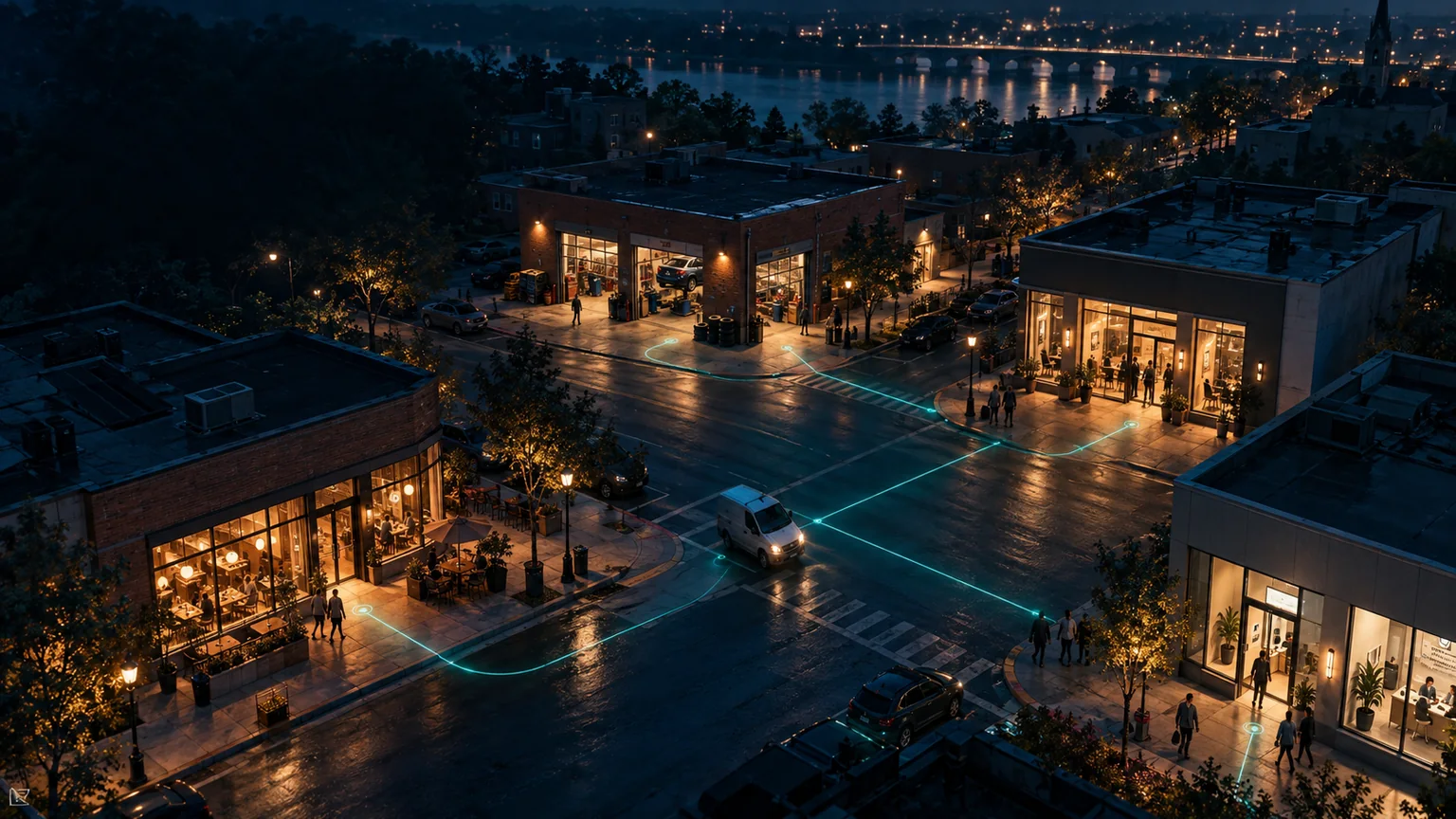 Blue-hour view of neighborhood businesses connected by subtle teal street routes as customers move between entrances