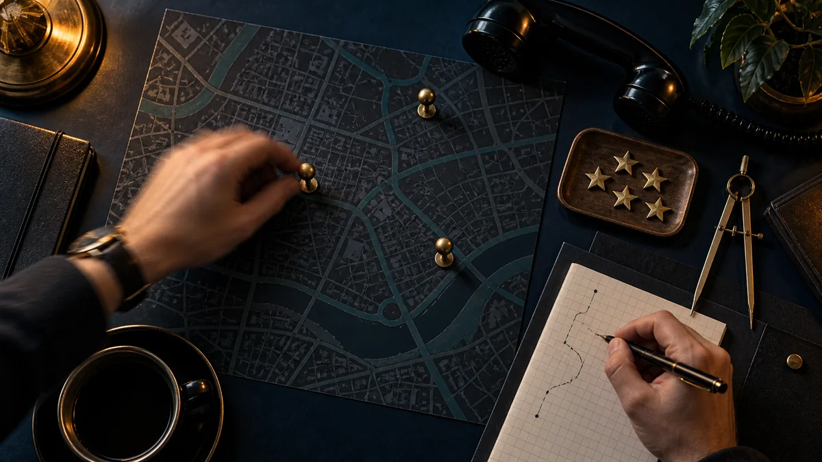 Hands move brass pins across a dark street map beside review stars, a telephone, and a route sketch
