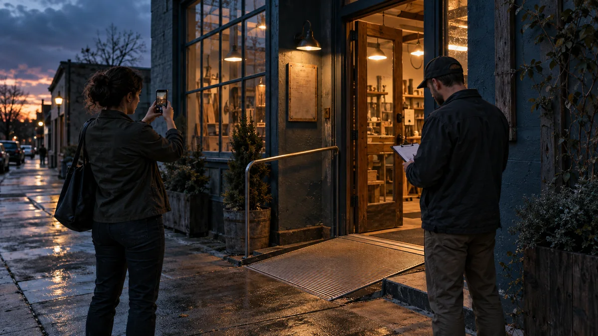 Two employees document a workshop entrance, access ramp, and business details at dusk