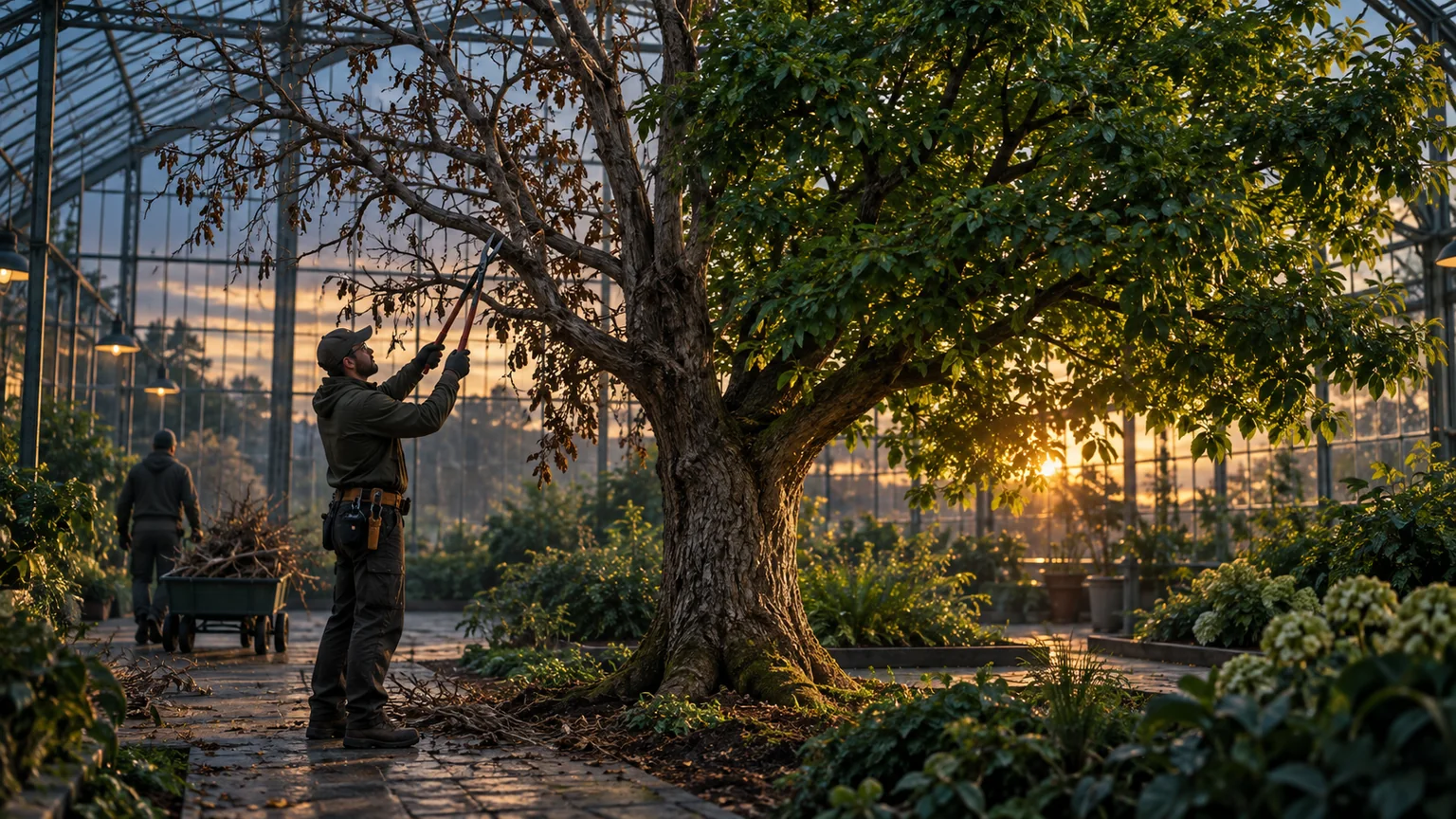 Arborist prunes dead branches from one side of a healthy tree inside a twilight greenhouse