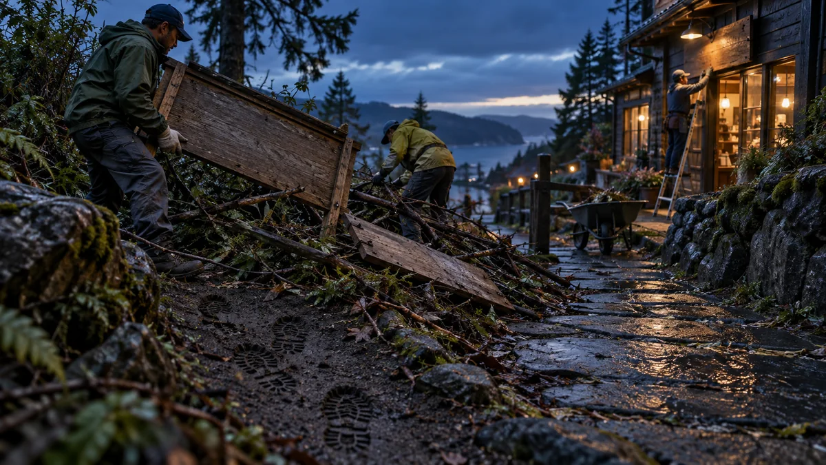 Maintenance crew clears broken blank signboards from a wet path while a shop entrance is repaired ahead