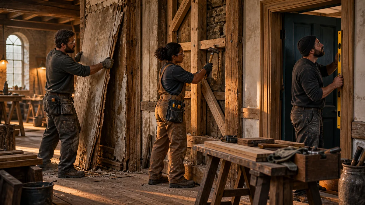 Three standing restoration workers remove a weak panel, reinforce framing, and inspect a finished doorway