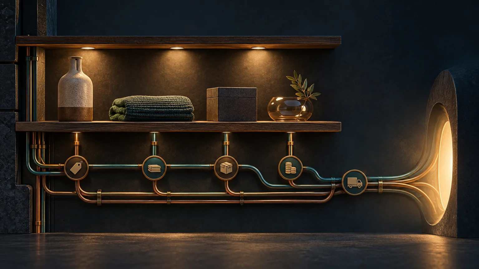 Dark retail shelf cutaway with product data traveling through copper and teal conduits toward a conversational search portal