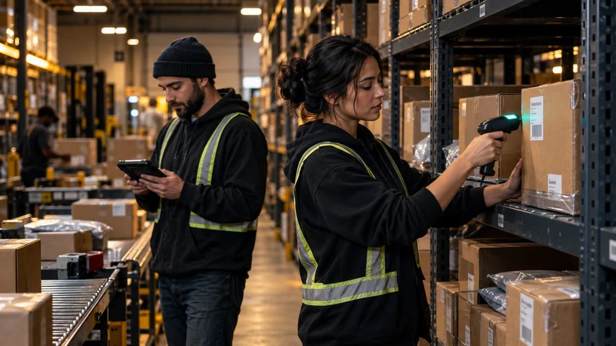 Two warehouse employees scan unbranded products and check inventory details among dark stockroom shelves