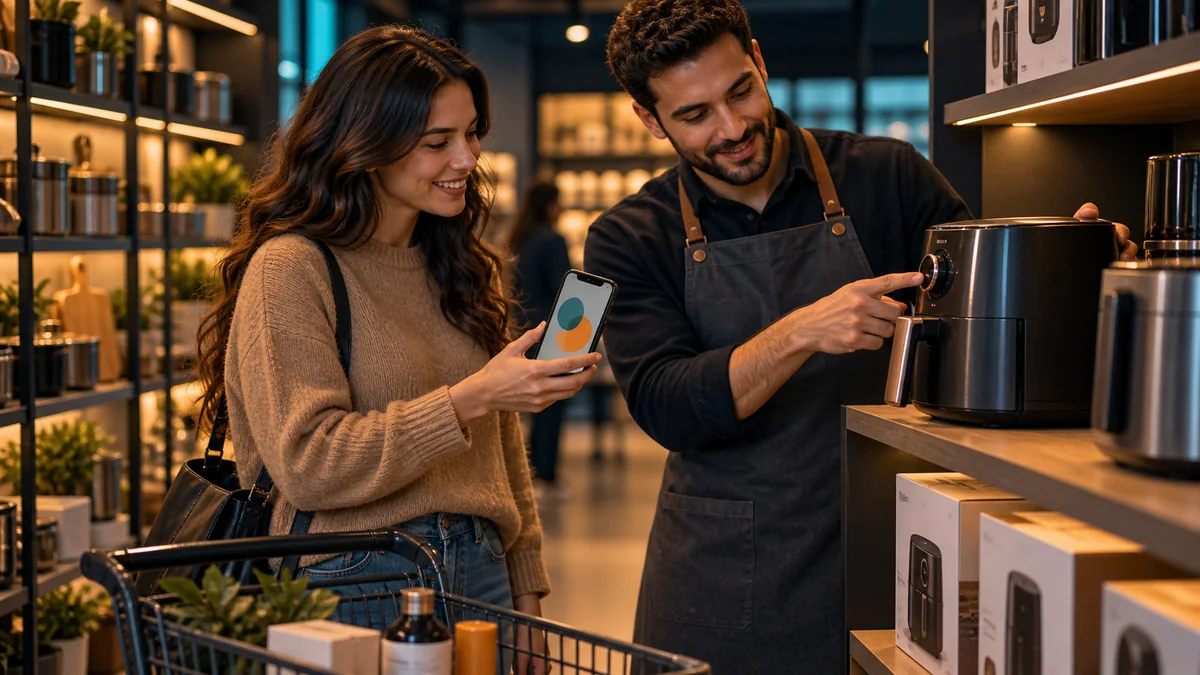 Shopper and store associate compare a phone result with a real unbranded appliance on a warmly lit retail shelf