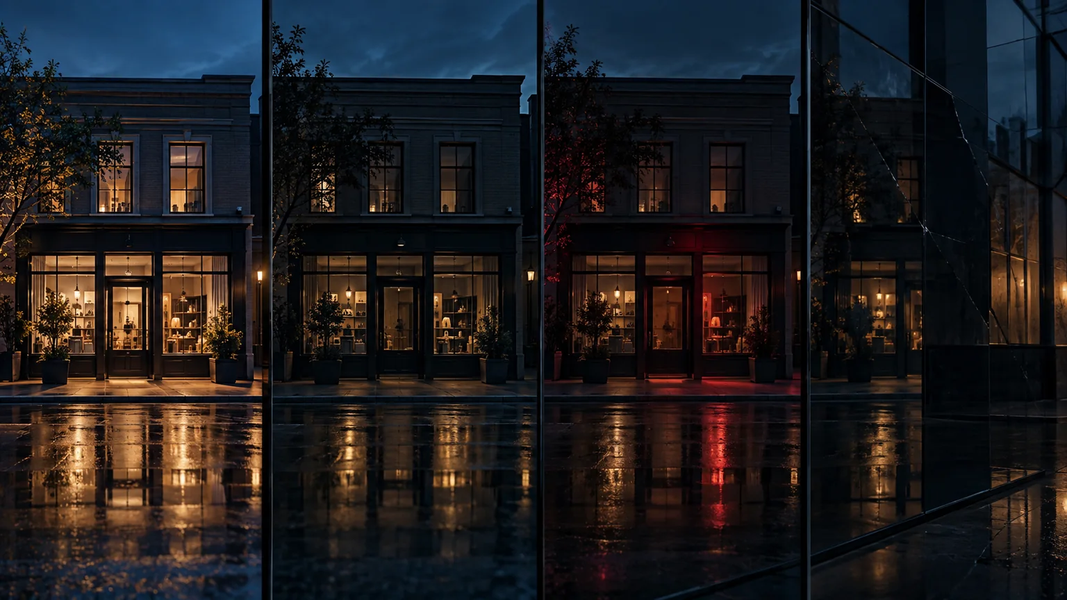 Blue-hour storefront appears in four dark glass reflections with one panel showing a restrained red warning glow