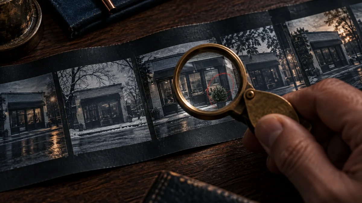 Brass inspection loupe examines dark photographic contact prints of the same unbranded storefront while one suspicious detail is circled in red