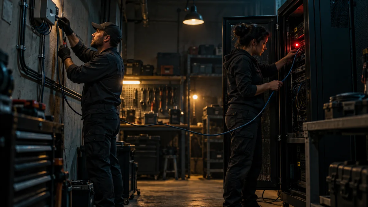 Two standing coworkers trace a suspicious cable between a wall junction and open security cabinet inside a dark local service workshop