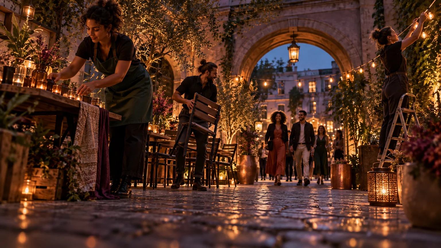 Three local-business staff prepare an evening courtyard event while customers approach under warm lights