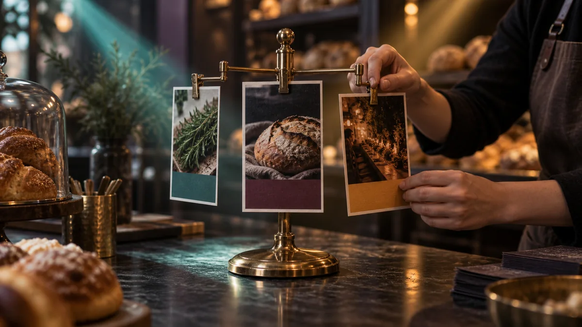 Employee arranges three photo-based updates on a rotating brass display inside a warmly lit local shop