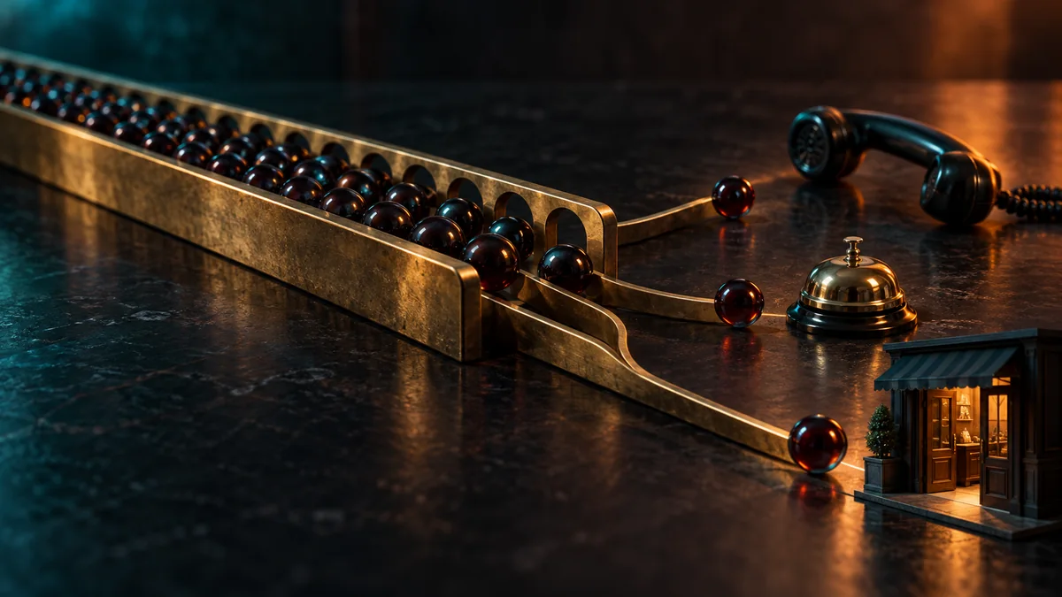 Brass counting track sends many dark glass view beads toward a few tangible outcomes including a phone, service bell, and open shop door