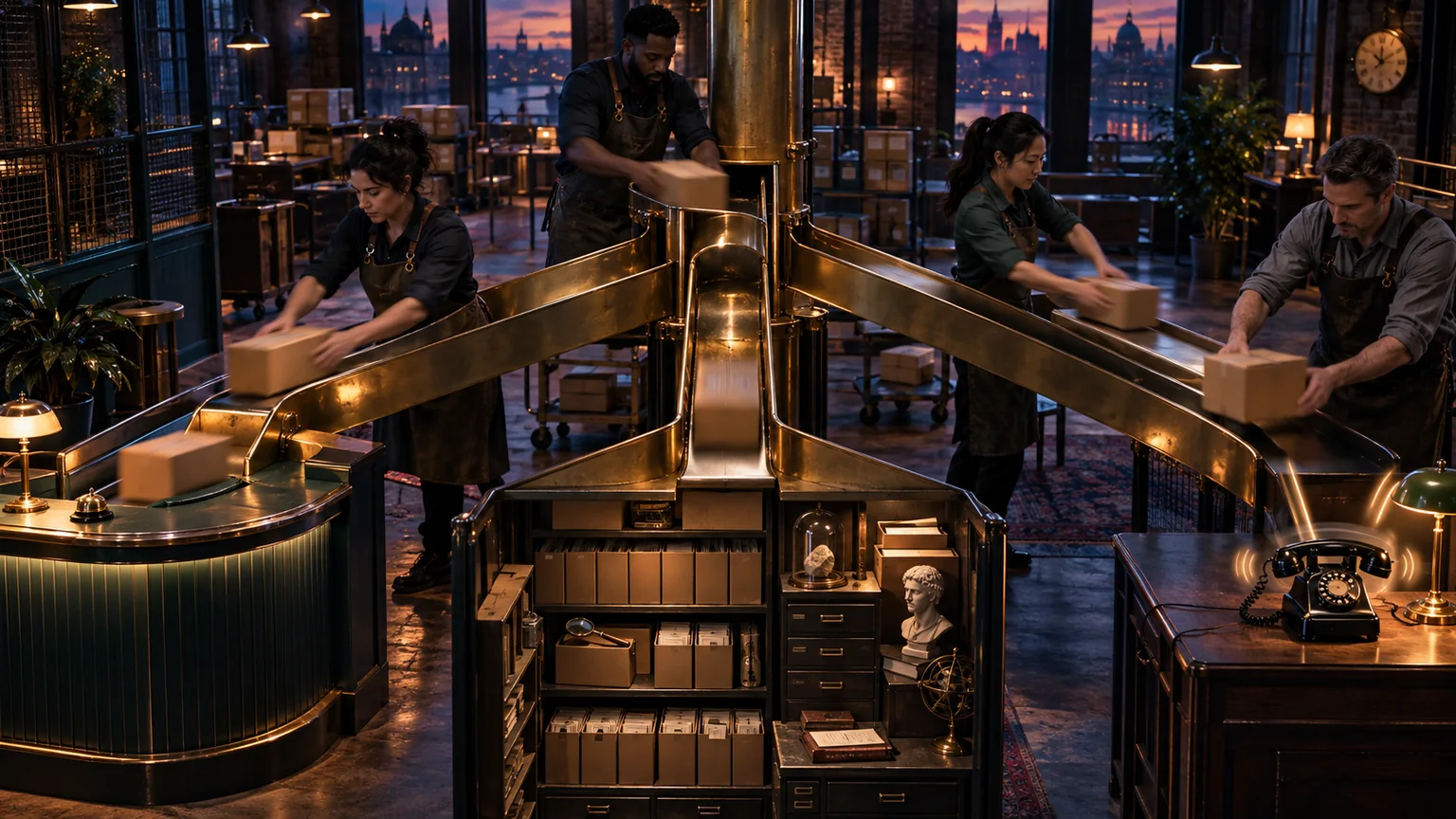Four workers route parcels through brass chutes toward a service counter, evidence archive, and desk phone in a dark workshop