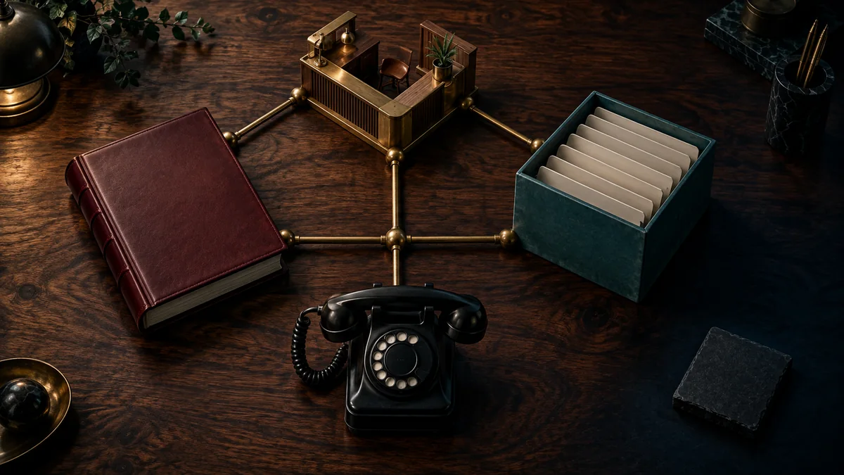 Overhead worktable shows a brass network connecting a blank evidence binder, reference file, service counter, and telephone while one slate tile remains isolated