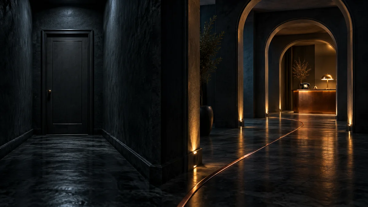 Dark hallway contrasts one isolated closed door with a copper route through open archways toward a warmly lit service counter and telephone