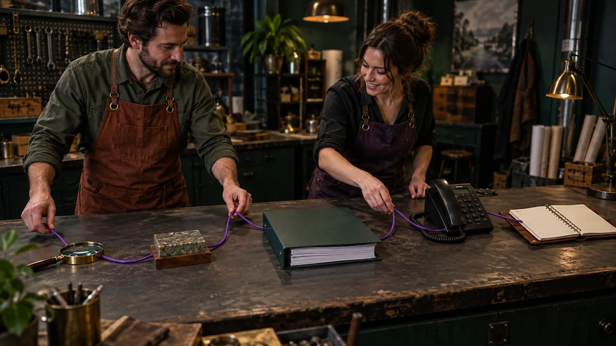 Two standing coworkers guide a purple cord from a magnifying glass through a service sample and blank evidence binder to a desk phone
