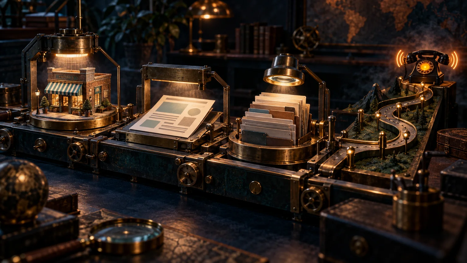 Brass inspection machine tests a storefront, web page, evidence files, and customer path on a dark workbench