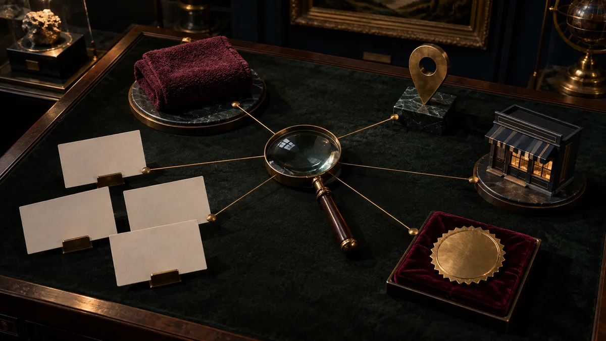 Museum-style evidence table connects blank review cards, a location marker, service sample, certificate seal, and storefront to one magnifying lens