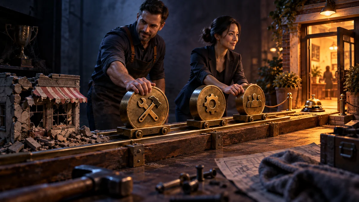 Two standing coworkers move weighted brass repair tokens from a cracked storefront toward a lit service bell and open customer door
