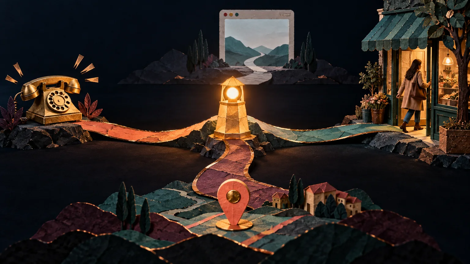 Tactile cut-paper answer beacon routes directly to a phone, map pin, and neighborhood shop