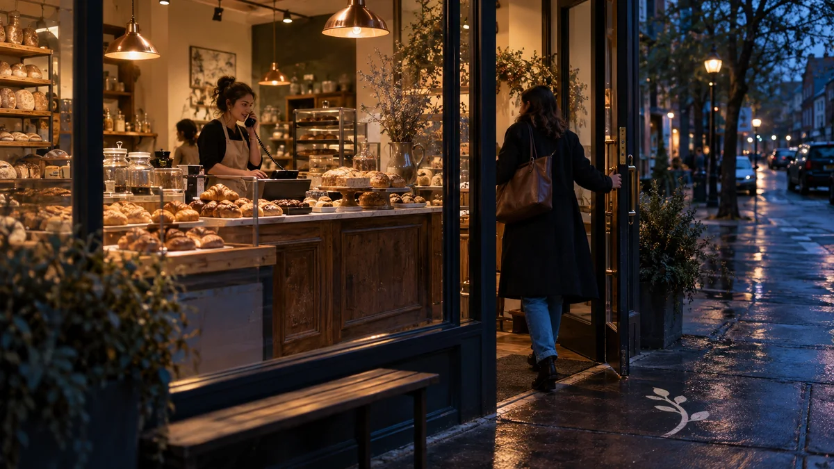 Customer enters a warmly lit neighborhood bakery from a rainy blue-hour street while an employee works behind the counter