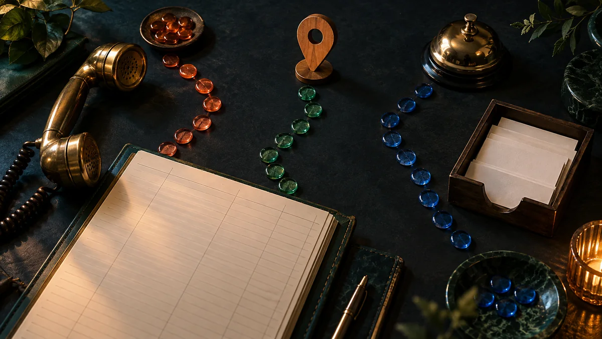 Overhead dark worktable holds a telephone, direction marker, service bell, blank ledger, receipt tray, and colored glass counters